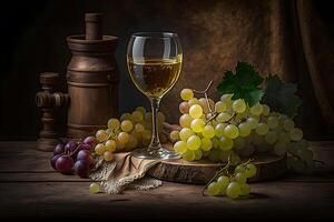 glas van droog wit wijn rijp druiven en glas Aan tafel in wijngaard. neurale netwerk ai gegenereerd foto
