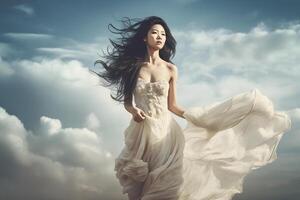 Aziatisch meisje in een wit jurk tussen de wolken. neurale netwerk ai gegenereerd foto