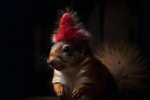 schattig eekhoorn in een Kerstmis hoed. neurale netwerk ai gegenereerd foto