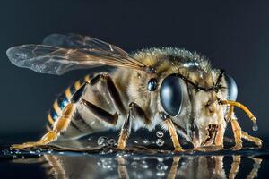 honing bij met water druppels detailopname. neurale netwerk ai gegenereerd foto