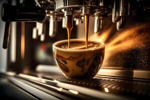 koffie gemaakt in professioneel espresso machine gieten in een beker. neurale netwerk ai gegenereerd foto