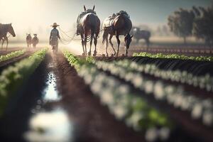 boer gieter zijn planten. neurale netwerk ai gegenereerd foto