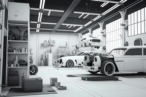 automatisering auto fabriek concept. robot bijeenkomst lijn in auto productie. neurale netwerk gegenereerd kunst foto