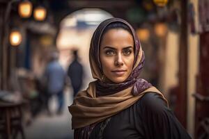 portret van jong moslim vrouw vervelend hijab hoofd. neurale netwerk ai gegenereerd foto