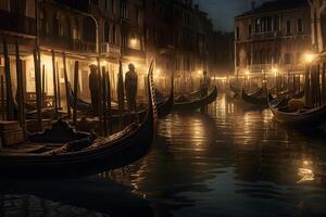 mooi hoor straat visie van Venetië gondeliers Bij nacht. neurale netwerk ai gegenereerd foto