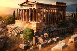 fantasie Athene mijlpaal acropolis en de odeon van helden zolder, herodeion, alleen maar na de zonsopkomst. neurale netwerk ai gegenereerd foto