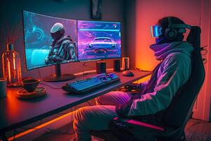 gamer in neon kamer virtueel realiteit stofbril. metaverse technologie concept, vr. neurale netwerk ai gegenereerd foto
