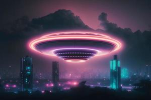 ufo voorwerp met gloeiend lichten vliegend naar stad centrum Aan een regenachtig dag. neurale netwerk gegenereerd kunst foto