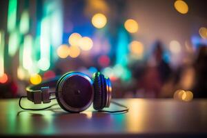 modern groot professioneel hoofdtelefoons Aan dj's tafel Bij nacht feest. neurale netwerk ai gegenereerd foto