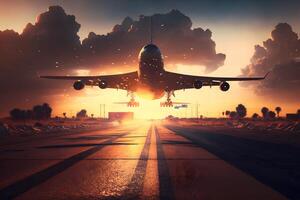 zonsondergang visie van vliegtuig Aan luchthaven landingsbaan onder dramatisch lucht. neurale netwerk ai gegenereerd foto
