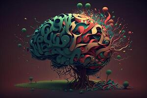 abstract menselijk hersenen in het formulier van boom met takken van gekleurde positief gedachten. mentaal Gezondheid concept. ai generatief foto