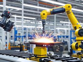 modern hoog tech industrieel robot arm Aan de fabriek productie lijn productie lijn is wezen gelast. generatief ai. foto
