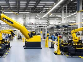 modern hoog tech industrieel robot arm Aan de fabriek productie lijn productie lijn is wezen gelast. generatief ai. foto