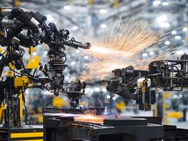 modern hoog tech industrieel robot arm Aan de fabriek productie lijn productie lijn is wezen gelast. generatief ai. foto