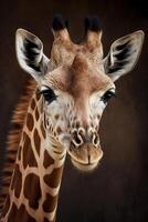 portret van een giraffe Aan een donker achtergrond. ai gegenereerd illustratie foto