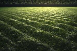 3d weergegeven illustratie van een atletisch behang concept met een gras gevormde voetbal veld- in een Amerikaans voetbal stadion achtergrond. ai gegenereerd foto