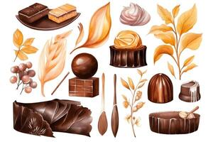 waterverf chocola reeks en realistisch botanisch en voedsel illustraties geïsoleerd Aan wit achtergrond. ai gegenereerd foto