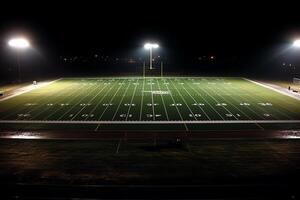 lit Amerikaans voetbal veld- allemaal nacht. ai gegenereerd foto