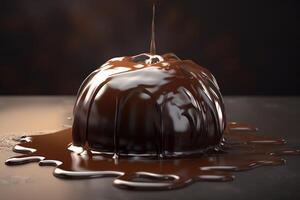 renderen van een 3d chocola bal bekroond met gesmolten chocola saus. ai gegenereerd foto