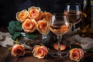 valentijnsdag dag roze perzik rozen en Champagne. ai gegenereerd foto