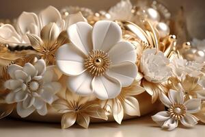3d bloemen en goud sieraden behang ai gegenereerd foto