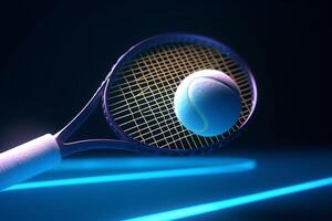 een 3d renderen van een tennis racket opvallend een tennis bal Aan een blauw achtergrond in detailopname. ai gegenereerd foto