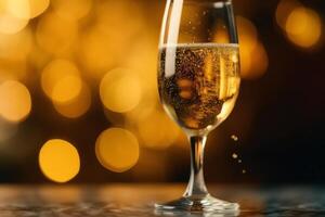 Champagne bubbels geel bokeh achtergrond vakantie viering. ai gegenereerd foto