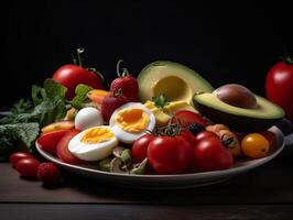 avocado's tomaten ei Aan gezond voedsel bord beeld generatief ai foto
