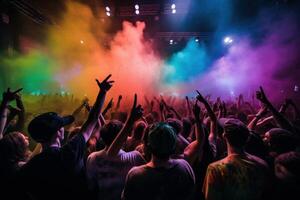 concert menigte met hun handen verheven met kleurrijk rook lichten generatief ai foto