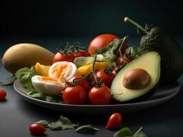 gezond voedsel bord met avocado's tomaten ei beeld generatief ai foto