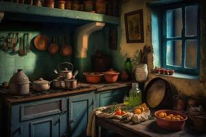 schilderij van een wijnoogst keuken tafel, illustratie ai gegenereerd foto