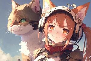 illustratie van een kat en een anime meisje, ai gegenereerd foto