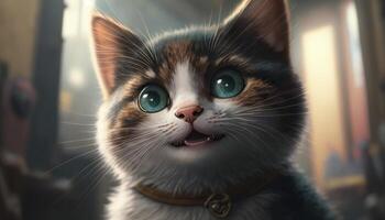 illustratie van een schattig kat met halsband, huis achtergrond, ai gegenereerd foto
