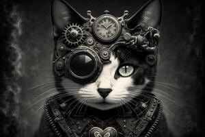 illustratie van een steampunk gotisch kat, op zoek naar voren, grijs achtergrond ai gegenereerd foto