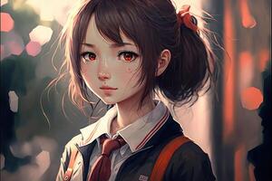 illustratie van een Koreaans anime schoolmeisje met bruin ogen en zwart haren looks naar voren, grijs achtergrond ai gegenereerd foto