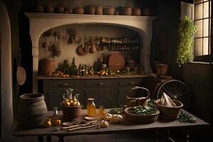 illustratie van een oud keuken met hulpmiddelen, voedsel en dranken ai gegenereerd foto