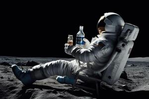 een astronaut zit Aan de oppervlakte van de maan en drankjes bier, generatief ai. foto