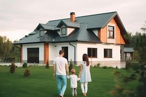 gelukkig familie staat in voorkant van hun nieuw huis. generatief ai foto