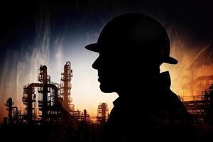 silhouet van industrieel arbeider met olie raffinaderij fabriek net zo achtergrond. generatief ai foto
