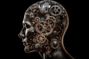 silhouet van Mens hoofd met uitrusting mechanisme in brein. generatief ai foto
