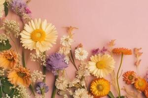 feestelijk bloemen samenstelling. bloemen Aan helder gekleurde achtergrond. generatief ai foto