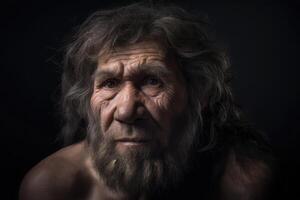 portret van prehistorisch Mens Aan donker achtergrond. generatief ai foto