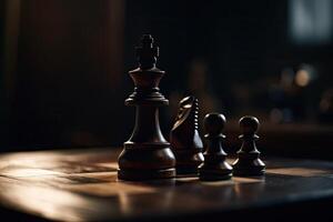 schaak stukken Aan schaakbord, donker achtergrond. generatief ai foto