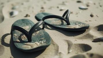 rubber slippers, omdraaien flops Aan de zand van de strand. ai gegenereerd. foto