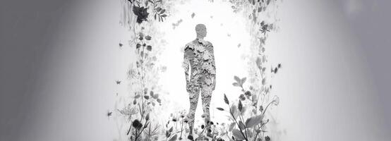 Gezondheid dag, zwart en wit concept beeld van een Mens van gras, bloemen. ai gegenereerd. foto