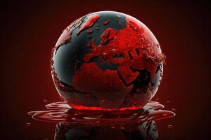 concept van besparing planeet, miniatuur wereldbol drijft in bloed, zwart achtergrond. ai gegenereerd. foto