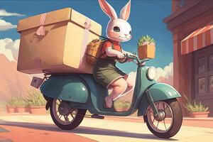 een mooi illustratie, een getrokken konijn leveren producten en voedsel in een doos. ai gegenereerd. foto