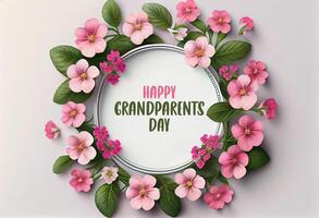 gelukkig grootouders dag decoratief afgeronde kader gemaakt door mooi bloemen en groen bladeren. generatief ai foto