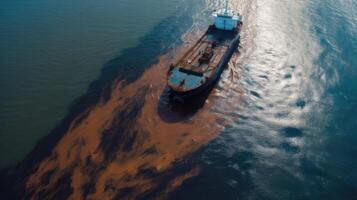 olie morsen of lekkage uit in de zee van schip, water oceaan verontreiniging problemen, gevaarlijk geval studie achtergrond, gevaarlijk Chemicaliën van ongeluk, houder lading maritiem schip met generatief ai. foto