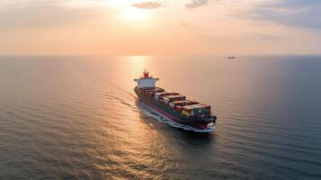 antenne top visie van lading houder bedrijf schip, globaal uitdrukken in de oceaan, logistiek vracht Verzending en vervoer, houder lading maritiem schip met generatief ai. foto